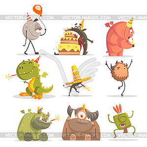 Monsters On Birthday Party In Funny Situations - royalty-free vector image