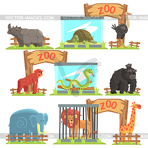 Wild Animals Behind Shed In Zoo Set - vector image