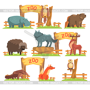 Wild Animals Behind Fence In Zoo Set - vector image