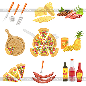 Пицца Ингредиенты и кухонные принадлежности Коллекция - иллюстрация в векторе