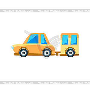 Yellow Sedan With Trailer Toy Cute Car Icon - vector image