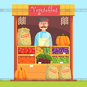 Vendor Behind Market Counter With Assortment Of - color vector clipart