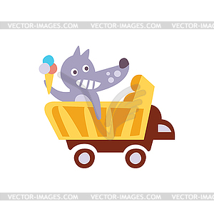 Wolf Riding Wagon Holding Ice-cream Stylized - vector clip art