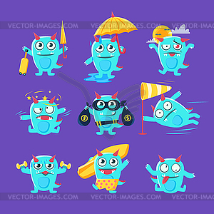 Blue Dinosaur In Different Situations - vector image