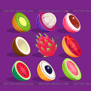 Тропические фрукты нарезанные В Half Набор ярких иконок - изображение в векторном формате