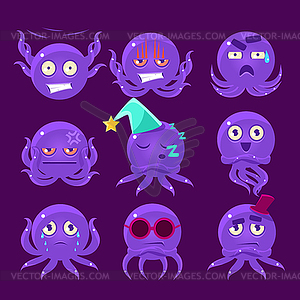 Funny Octopus Character Emoji Set - vector image
