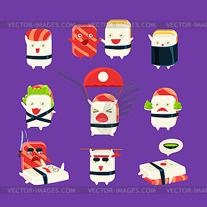 Funny Sushi Man Different Activities Set - vector EPS clipart