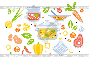 Суп Приготовление Набор ингредиентов - иллюстрация в векторном формате