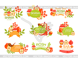 Jewish New Year Bright Postcard Labels Set - vector clipart / vector image