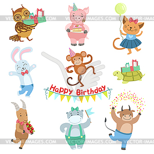 Cute Animal Characters Attending Birthday Party - vector clip art