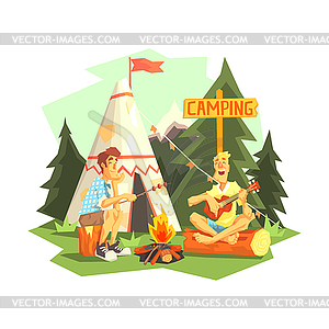 Two Guys Enjoying Camping In Forest - vector image