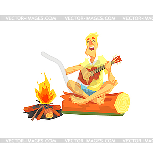 Guy Playing Guitar Sitting On Log Next To Bonfire - vector image