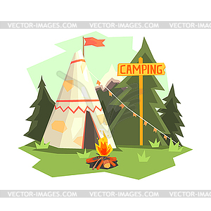 Camping Place With Bonfire, Wigwam And Forest - vector clipart