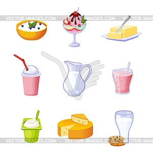 Different Dairy Products Assortment Set Of Icons - vector clipart