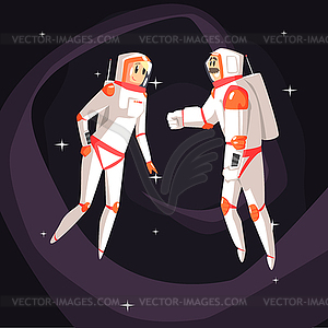 Two Astronauts In Space Suits Chatting - vector clipart