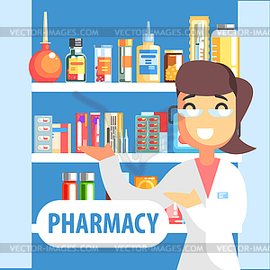 Woman Pharmacist Demonstrating Drug Assortment On - vector image