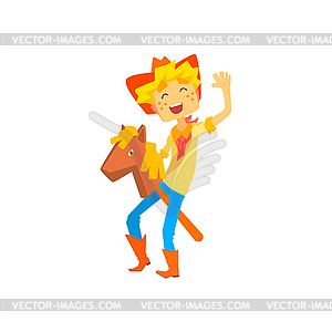 Boy In Cowboy Costume Riding Toy Horse Head On Stick - vector clipart / vector image