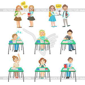 Children At School Sitting In Class And Chatting - vector clip art