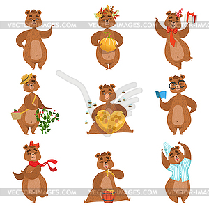 Brown Bear Different Activities Set Of Girly - vector clipart