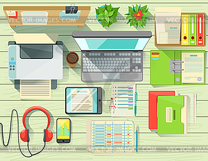 Modern Office Desk Elements Set View of Above - vector clip art