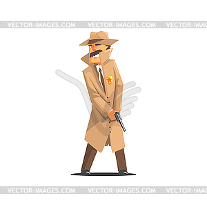 Police Detective In Long Coat And Hat - vector image