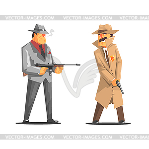 Criminal With Machine Gun Against Police Detective - stock vector clipart