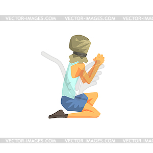 Hostage With Bag On Head Begging - vector image