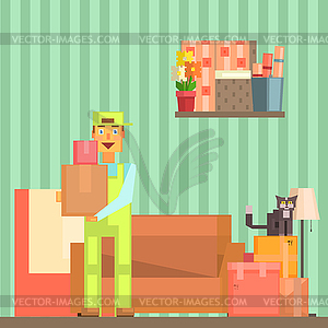 Loader Taking Out Packed Boxes of Room Pixelated - vector image