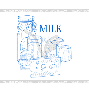 Молоко и сыр Реалистичная Эскиз - векторное графическое изображение