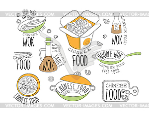 Chinese Wok Noodles Promo Labels Collection - vector image