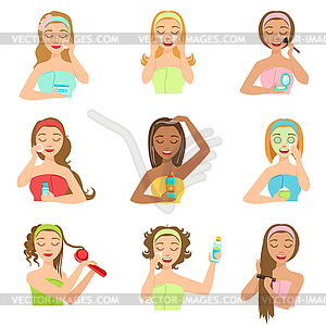 Women Doing Beautifying Hair And Skin Spa Procedures - vector image