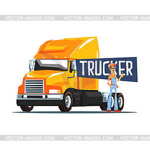 Trucker Standing Next To Heavy Yellow - vector image