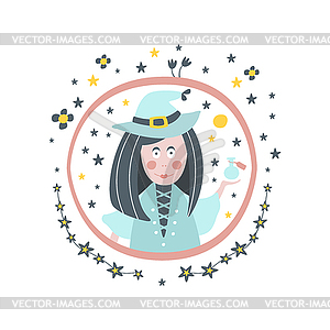 Witch Fairy Tale Character Girly Sticker In Round - vector image