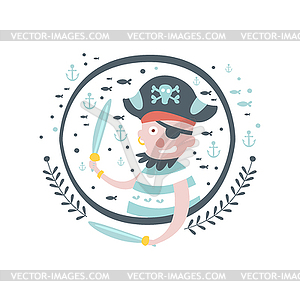 Pirate Fairy Tale Character Girly Sticker In Round - vector clip art