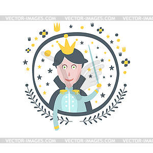 Prince Fairy Tale Character Girly Sticker In Round - vector clip art