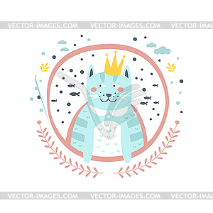 King Cat Fairy Tale Character Girly Sticker In Roun - vector clipart