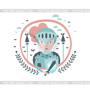 Knight Fairy Tale Character Girly Sticker In Round - vector image
