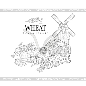 Wheat Natural Product Realistic Sketch With Windmill - vector image