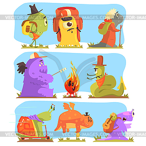 Monsters Hiking And Camping - vector clipart