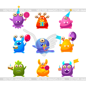 Toy Monsters With Birthday Party Objects - stock vector clipart