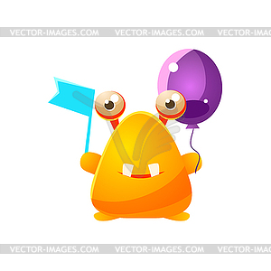 Yellow Toy Monster With Flag And Balloon - vector clip art