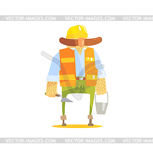 Builder With Trowel And Bucket On Construction Site - vector clipart