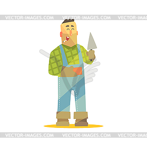 Builder With Brick And Trowel On Construction Site - vector image