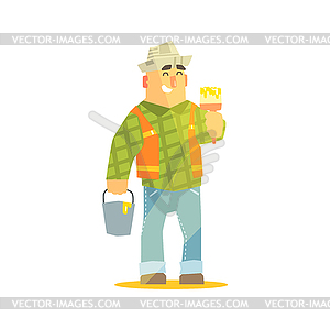 Builder With Paintbrush And Bucket On Construction - vector EPS clipart