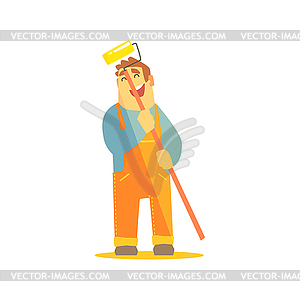 Builder With Painting Roll On Construction Site - vector clipart