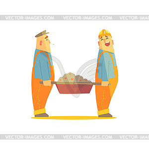 Two Builders With Barrow On Construction Site - vector image