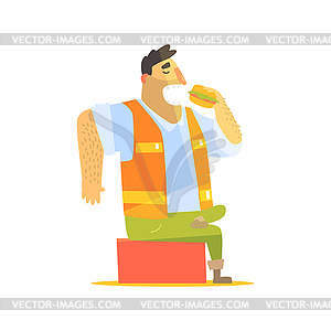 Builder Eating Lunch On Construction Site - vector image