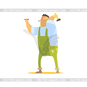 Builder With Hammer And Nails On Construction Site - stock vector clipart