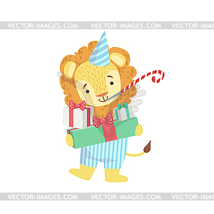 Lion Cute Animal Character Attending Birthday Party - vector clip art