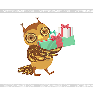 Owl Cute Animal Character Attending Birthday Party - vector clipart / vector image